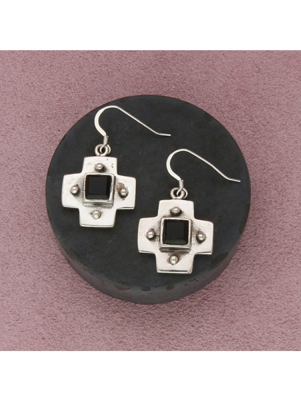 sterling silver vintage onyx beaded cross dangle earrings